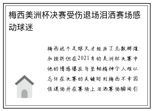 梅西美洲杯决赛受伤退场泪洒赛场感动球迷 梅西美洲杯决赛受伤退场泪洒赛场感动球迷